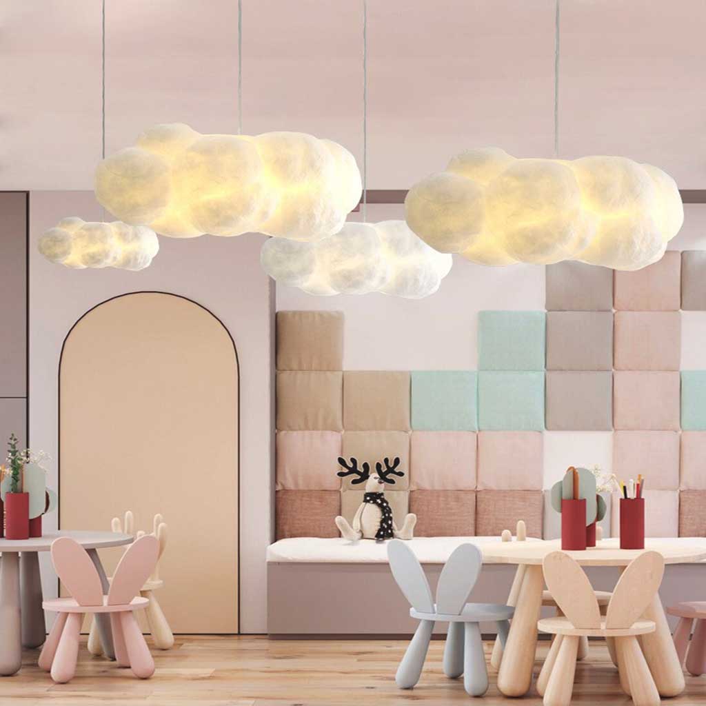 Wolkenlamp met katoenen kap, witte hanglamp in wolkvorm met LED voor woonkamer, slaapkamer en eetkamer, 30 tot 100 cm | Covesville