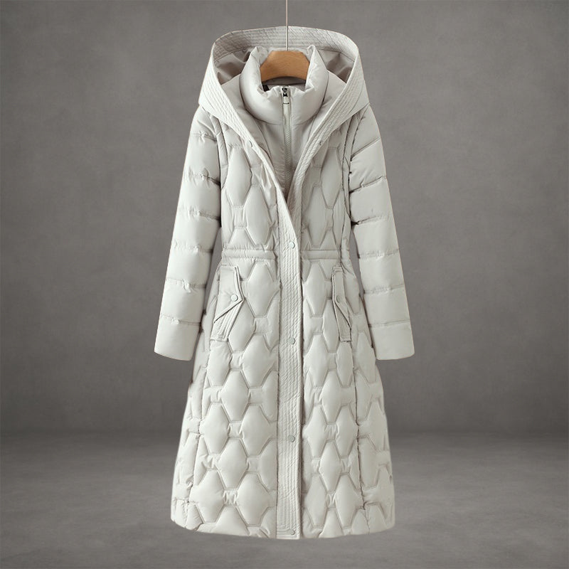 Lange donsjas dames met capuchon, winterjas in rood, wit, bruin of zwart, verkrijgbaar in maat M tot en met XXL | Covesville