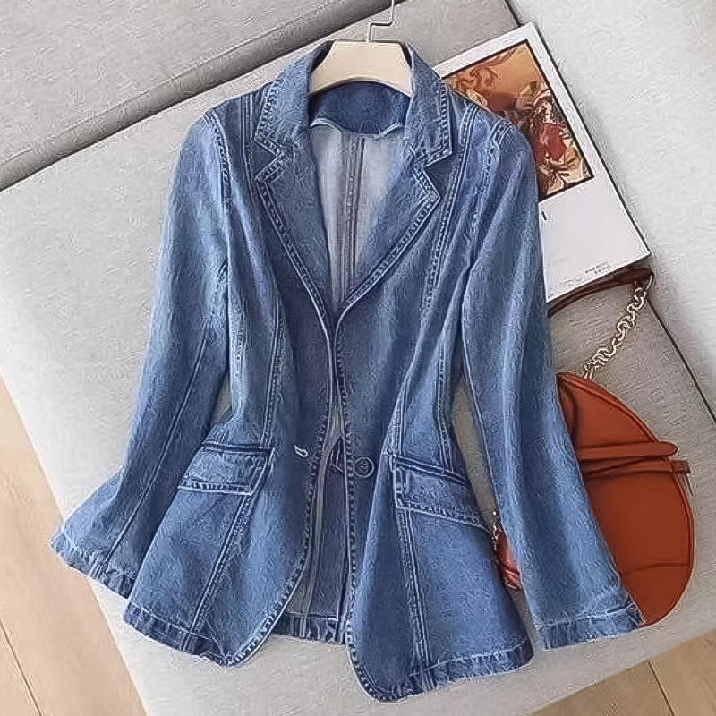 Denim blazer voor dames met reverskraag, één knoop en getailleerde pasvorm, spijkerblazer met zakken in blauw | Covesville
