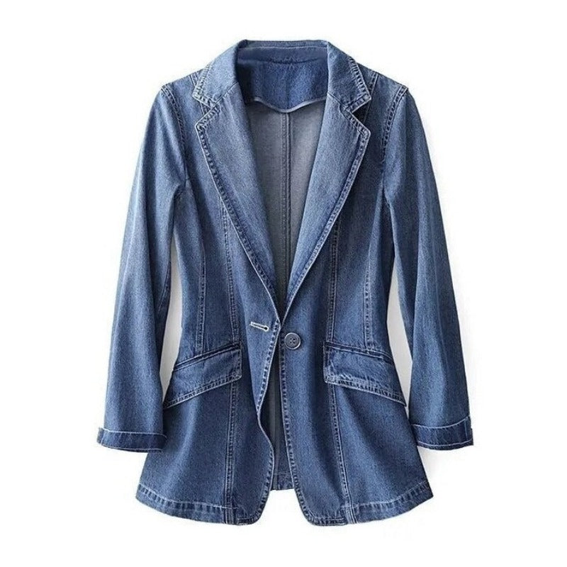 Denim blazer voor dames met reverskraag, één knoop en getailleerde pasvorm, spijkerblazer met zakken in blauw | Covesville