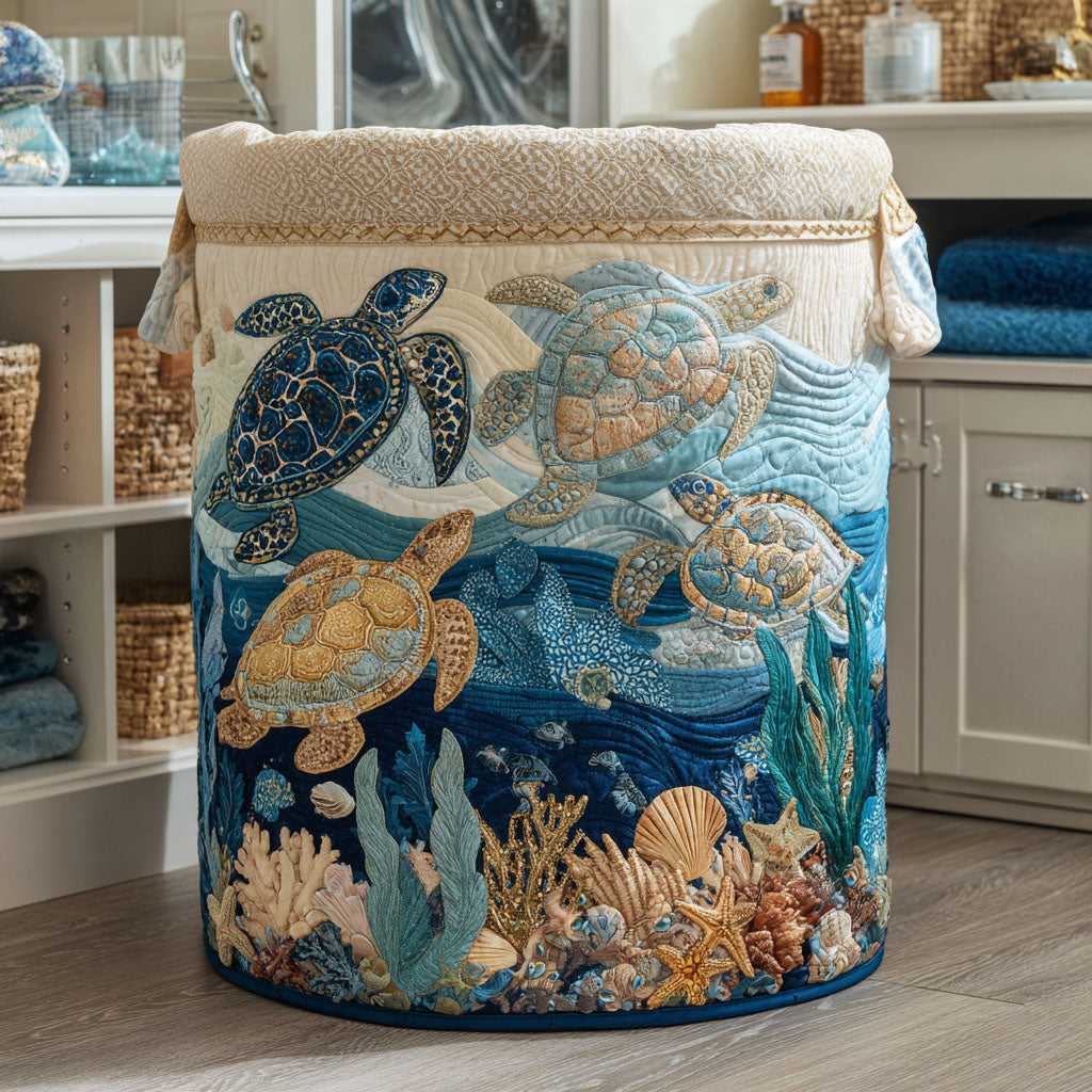 Wasmand met schildpadden, gewatteerd, canvas handvaten, zeemotief rondom, opvouwbaar, 36 x 46 tot 51 x 71 cm | Covesville