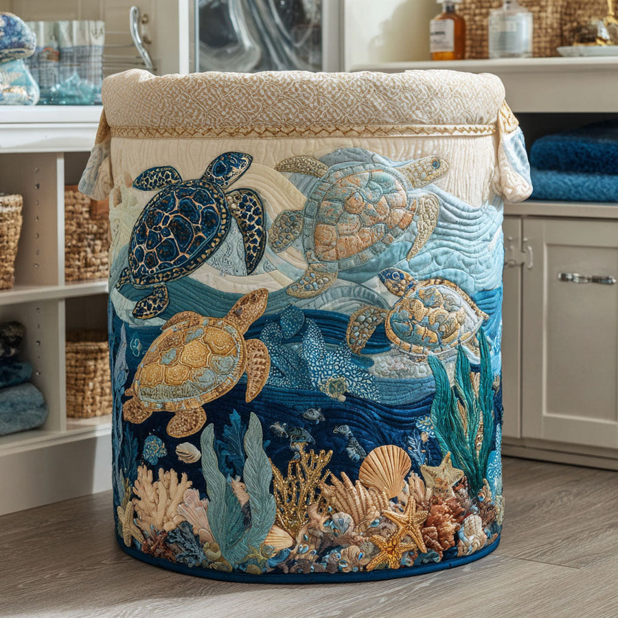 Wasmand met schildpadden, gewatteerd, canvas handvaten, zeemotief rondom, opvouwbaar, 36 x 46 tot 51 x 71 cm | Covesville