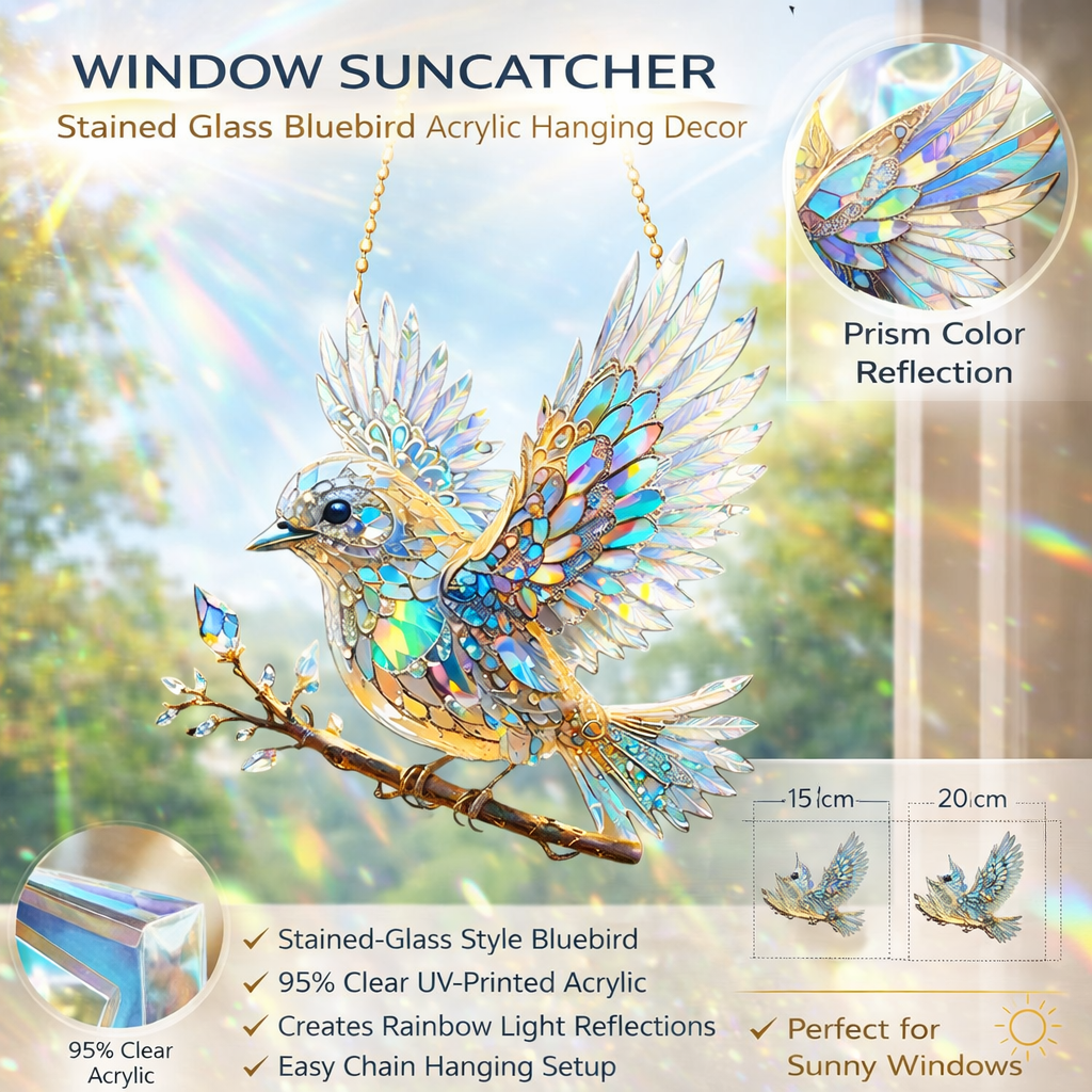 Suncatcher voor raam in glas-in-lood-stijl, doorschijnende raamhanger in de vorm van een vogel, 15 of 20 cm | Covesville