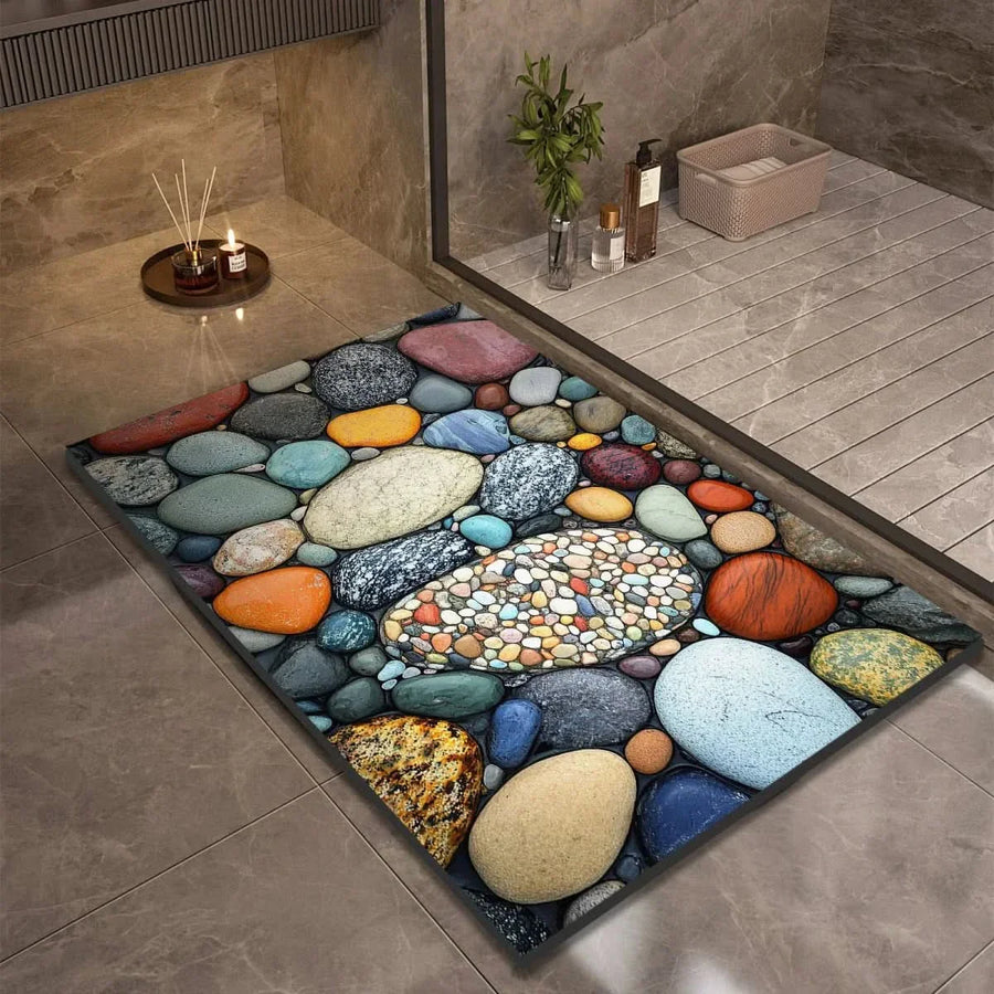 Antislip badmat met kiezelsteenprint, absorberend en snel droog, in drie afmetingen voor badkamer en keuken | Covesville
