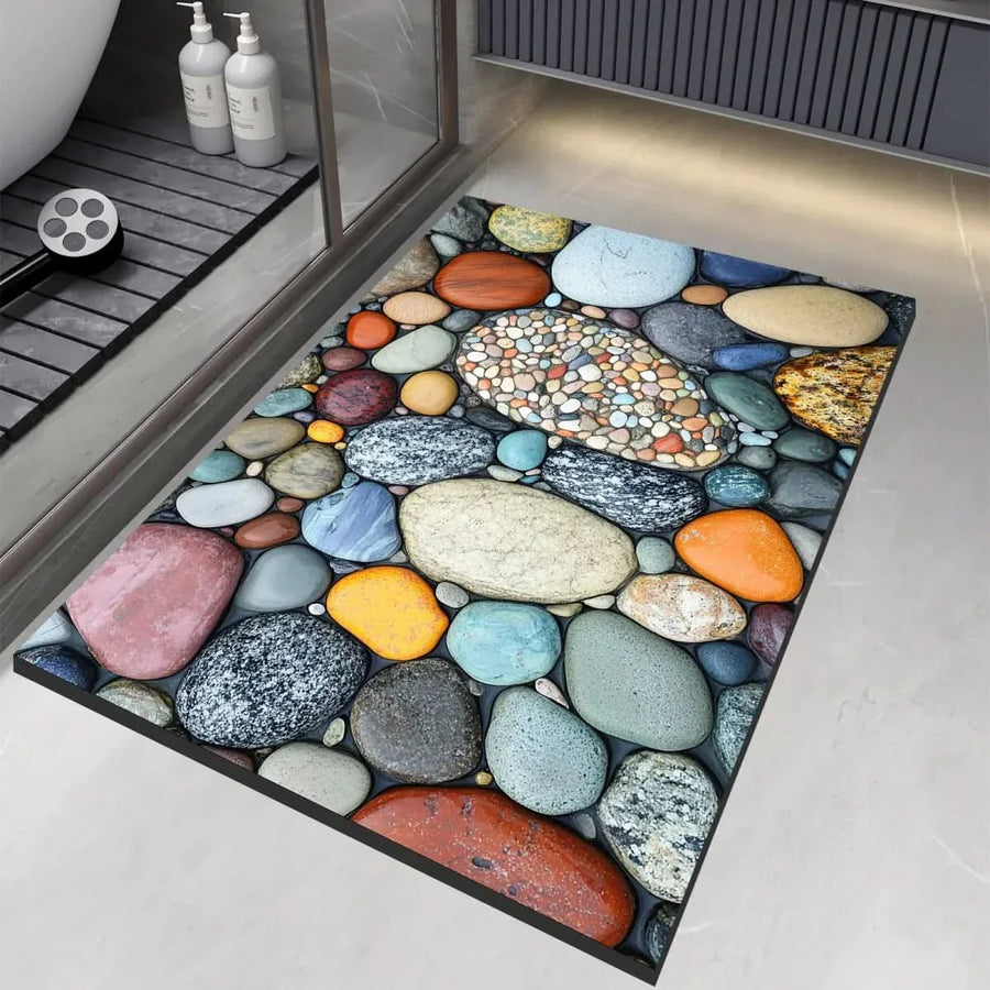 Antislip badmat met kiezelsteenprint, absorberend en snel droog, in drie afmetingen voor badkamer en keuken | Covesville