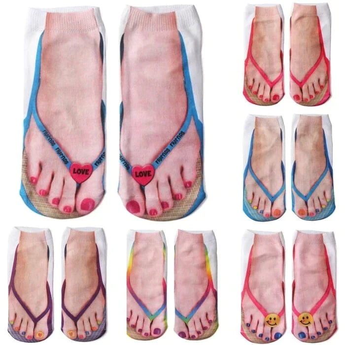 Grappige sokken met 3D print van teenslippers en gelakte teennagels, zachte enkelsokken van katoenmix als leuk cadeau | Covesville