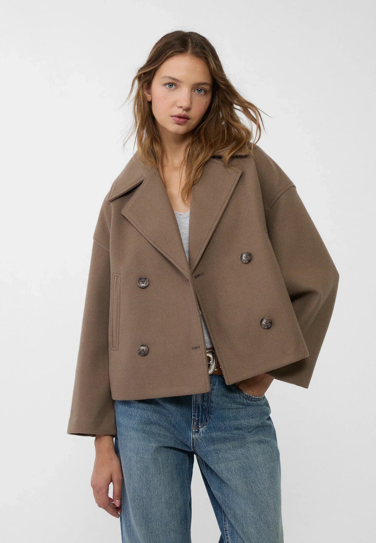 Korte jas dames met dubbele knopenrij en losse oversized pasvorm, licht rekbaar, in zes kleuren, maat XS tot L | Covesville