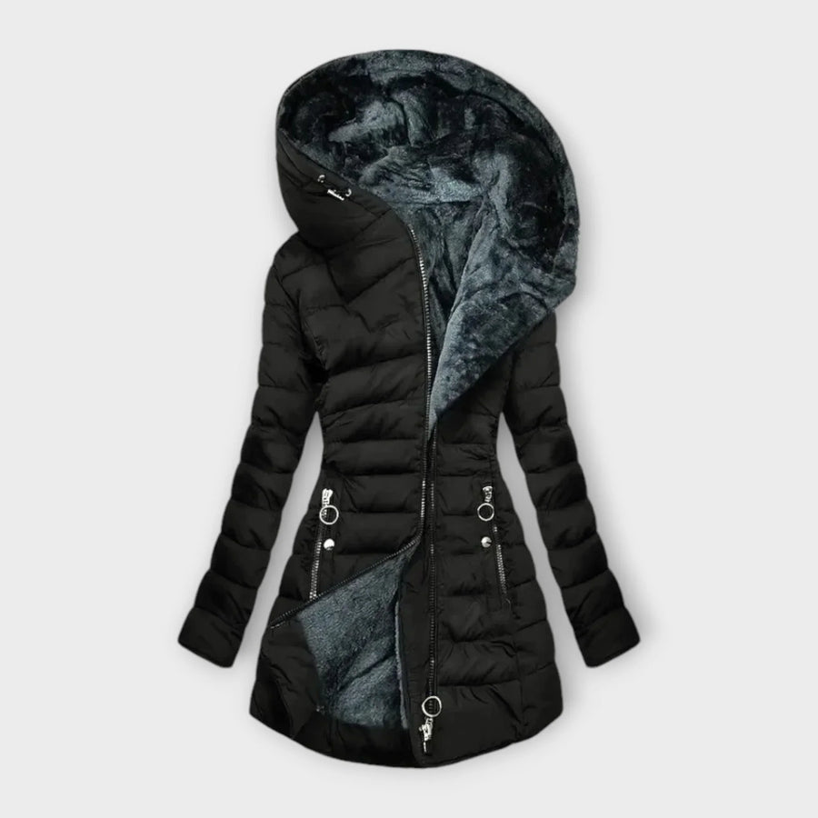 Gewatteerde jas voor dames met capuchon en voering van imitatiebont, rits en zakken, in drie kleuren, XS tot 3XL | Covesville