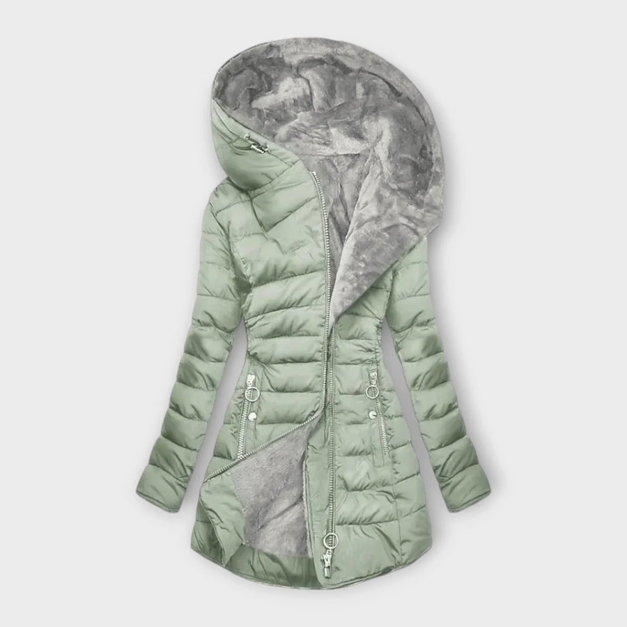 Gewatteerde jas voor dames met capuchon en voering van imitatiebont, rits en zakken, in drie kleuren, XS tot 3XL | Covesville