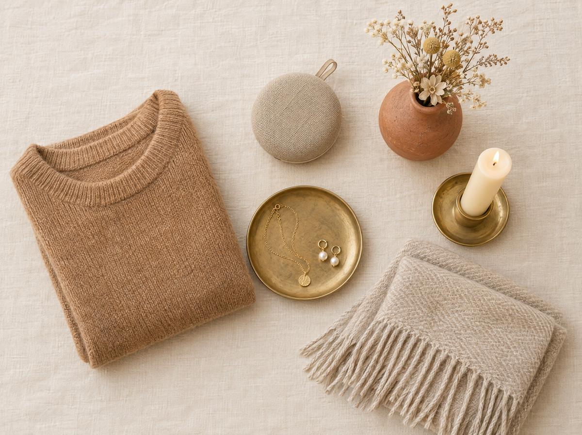 Rustige flatlay in aardetinten met trui, sjaal, sieraden en een kleine speaker