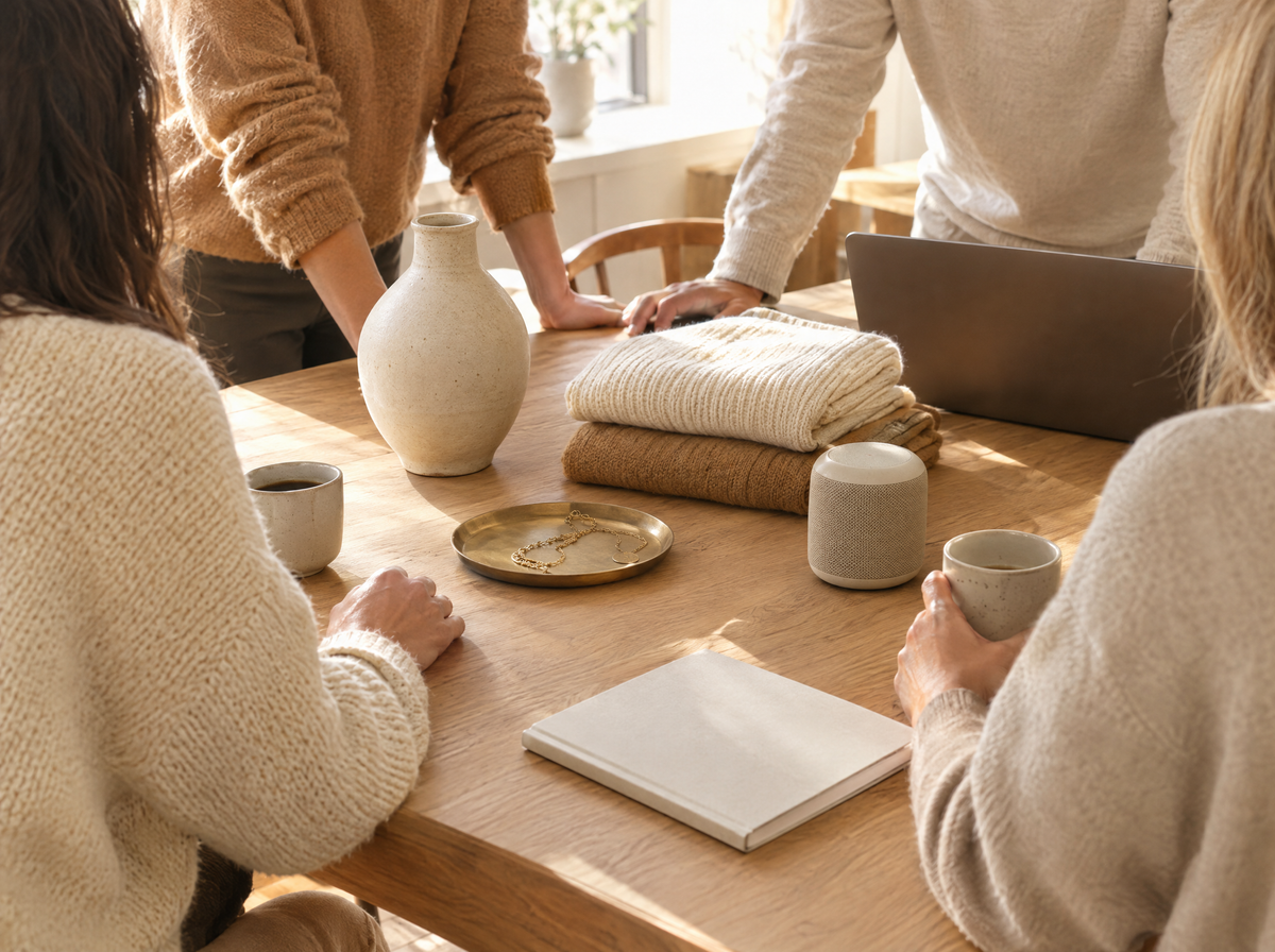 Vier mensen bespreken producten rond een houten tafel