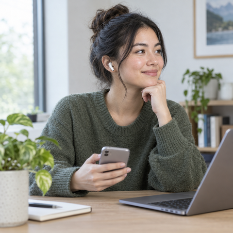 Jongere met oordopjes aan een opgeruimd bureau