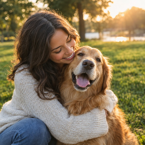 Persoon knuffelt een golden retriever in het park