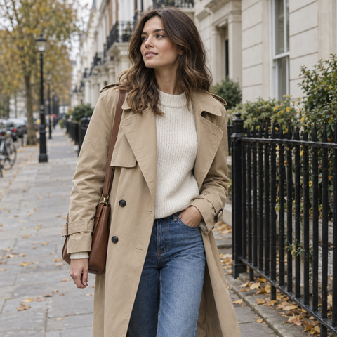 Vrouw in beige trenchcoat wandelt door de stad