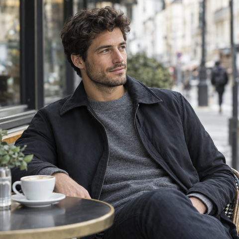 Man in donkere jas aan een cafétafeltje