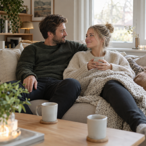 Stel ontspant op de bank in een gezellige woonkamer