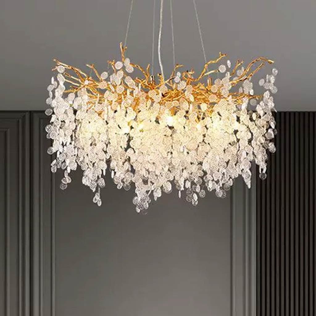 Gouden kroonluchter met glazen bladeren, LED hanglamp met takkenframe in rond of breed model van 40 tot 150 cm | Covesville