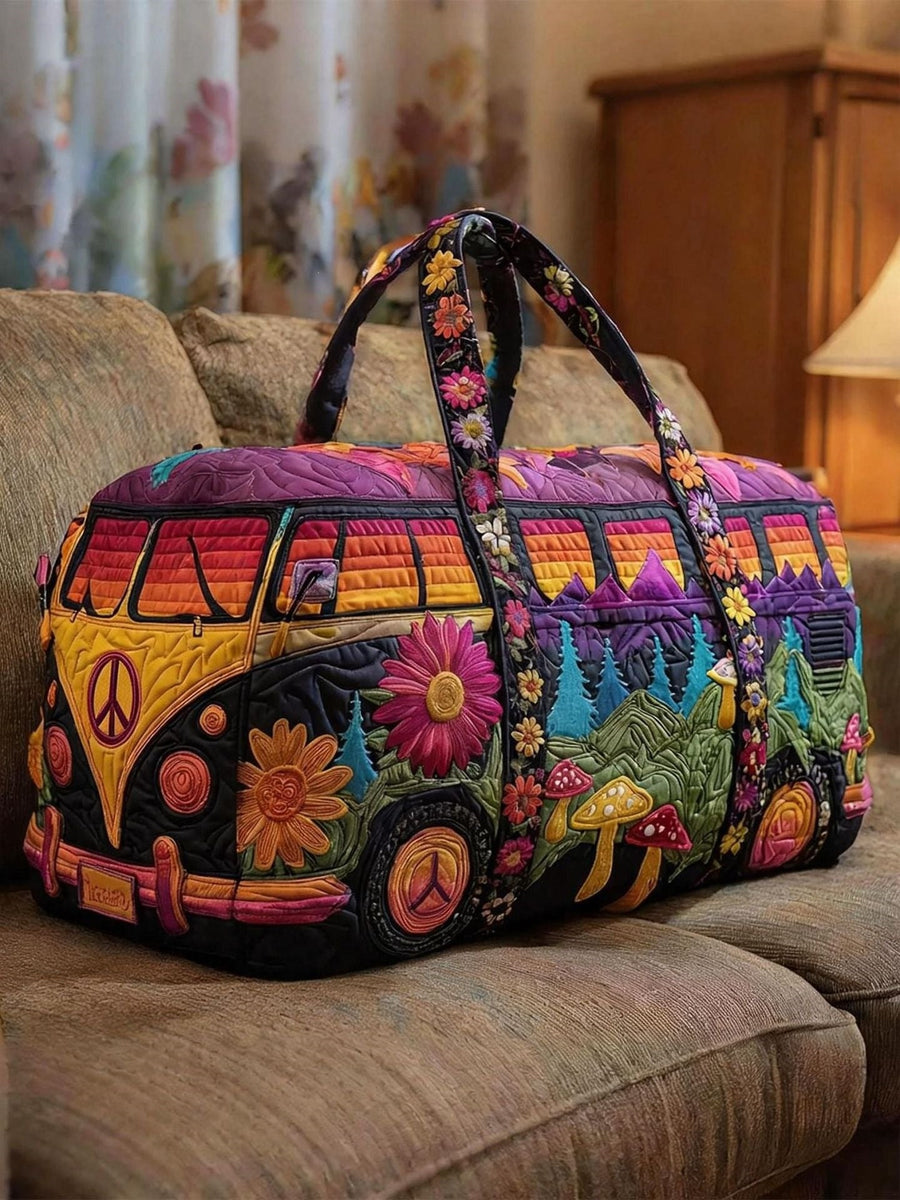 Weekendtas met hippiebus, kleurrijke print, draaghandvaten en veel opbergruimte, 40 x 20 x 20 of 46 x 23 x 23 cm | Covesville
