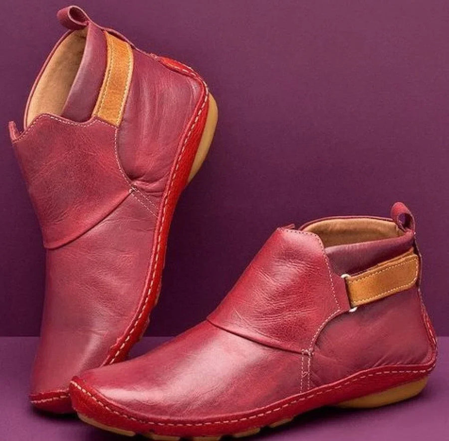 Enkellaarsjes dames met warme, ademende voering en antislipzool, comfortabele laarsjes in rood, bruin, blauw of groen | Covesville