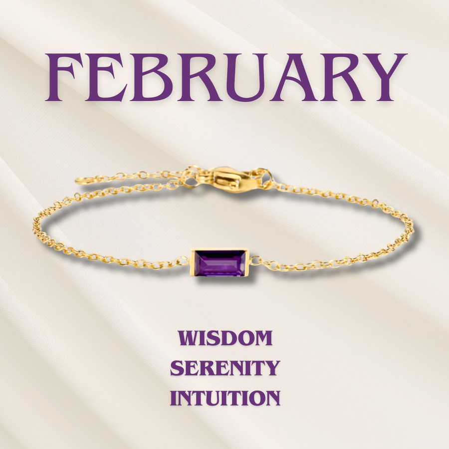 Geboortesteen armband met baguettesteen in de kleur van je geboortemaand, goudkleurige ketting, twaalf varianten | Covesville