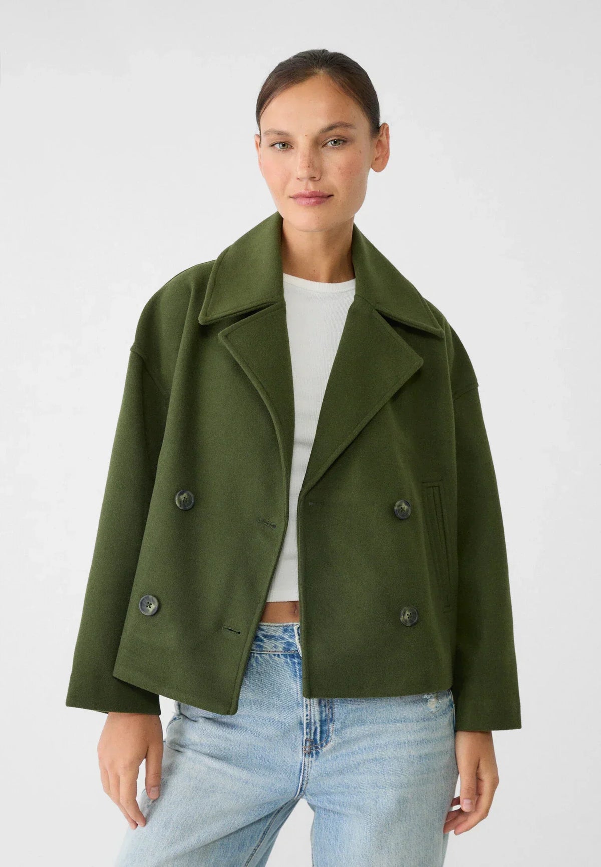 Korte jas dames met dubbele knopenrij en losse oversized pasvorm, licht rekbaar, in zes kleuren, maat XS tot L | Covesville
