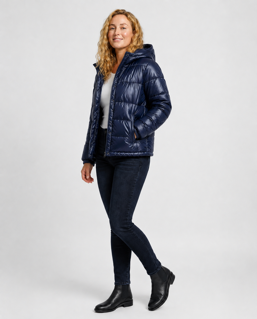 Pufferjas dames met capuchon, korte glanzende jas met opstaande kraag, in donkerblauw of zwart, maat S tot 2XL | Covesville