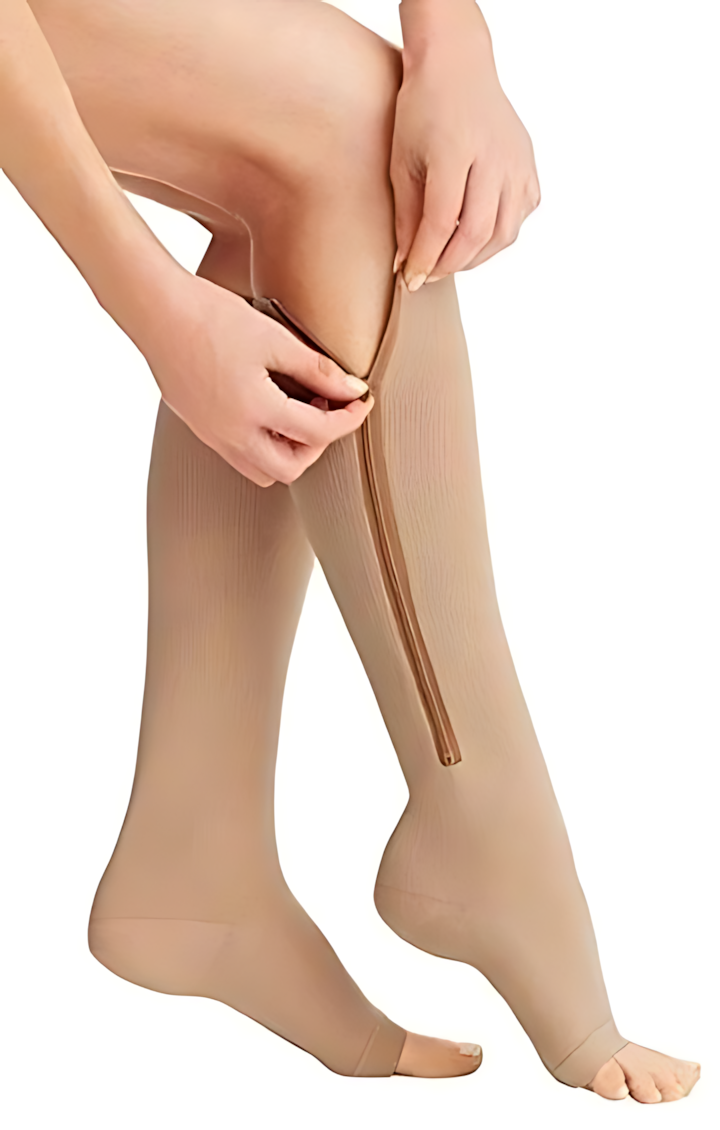 Compressiekousen met rits, open teen en 20 tot 30 mmHg gegradueerde druk, makkelijk aan te trekken, in beige of zwart | Covesville