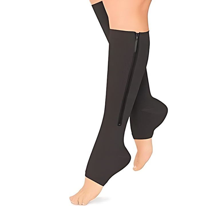 Compressiekousen met rits, open teen en 20 tot 30 mmHg gegradueerde druk, makkelijk aan te trekken, in beige of zwart | Covesville