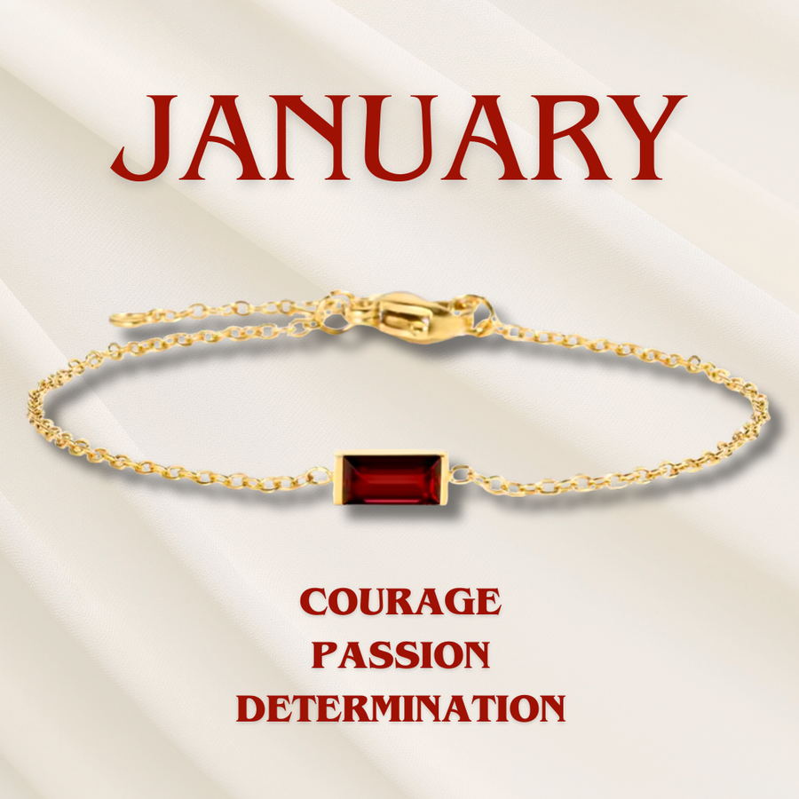 Geboortesteen armband met baguettesteen in de kleur van je geboortemaand, goudkleurige ketting, twaalf varianten | Covesville