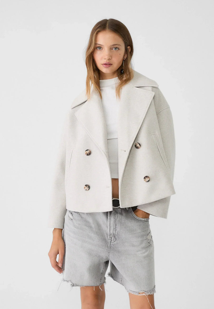 Korte jas dames met dubbele knopenrij en losse oversized pasvorm, licht rekbaar, in zes kleuren, maat XS tot L | Covesville