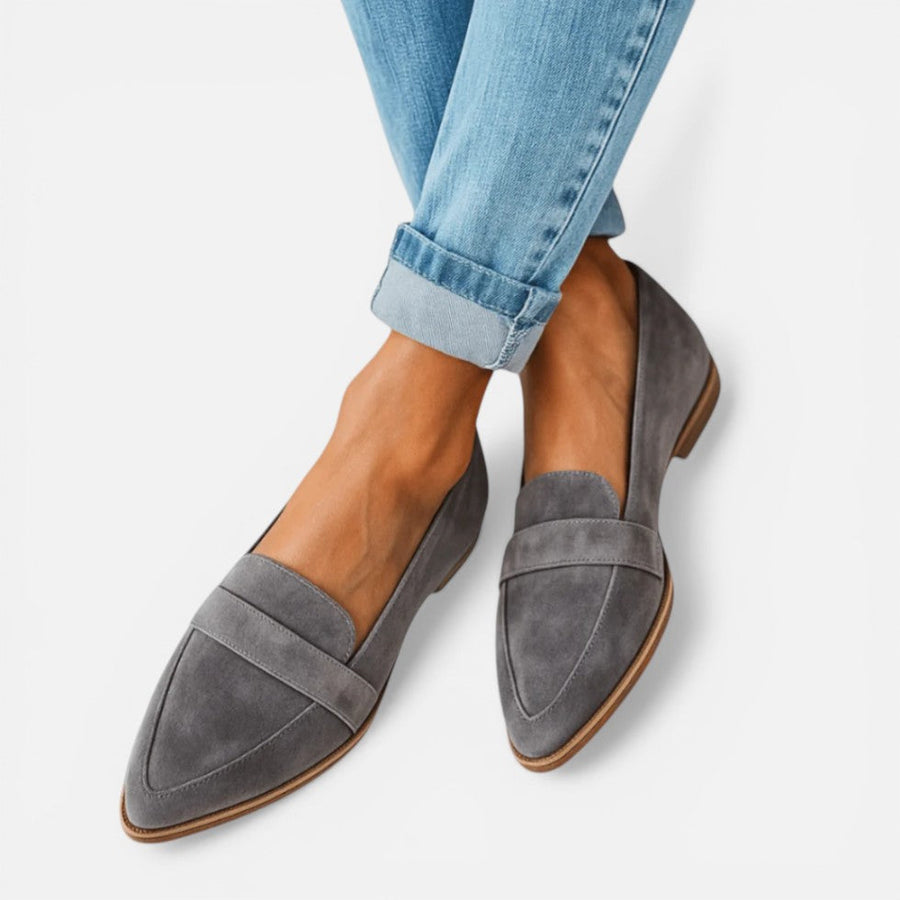 Loafers dames met spitse neus en suède-look, instapmodel met platte hak, in kaki, grijs, zwart of luipaardprint | Covesville