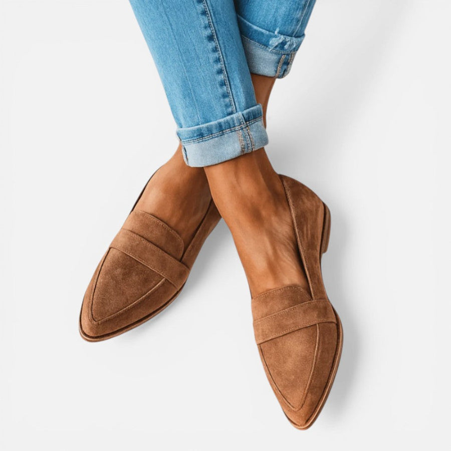 Loafers dames met spitse neus en suède-look, instapmodel met platte hak, in kaki, grijs, zwart of luipaardprint | Covesville