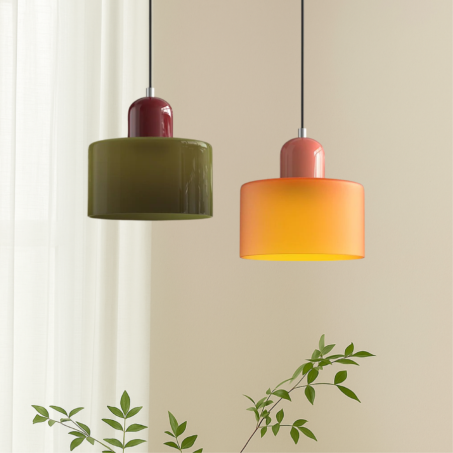 Glazen hanglamp met kap in twee lagen, moderne design hanglamp in zes glaskleuren met warm licht voor eettafel | Covesville