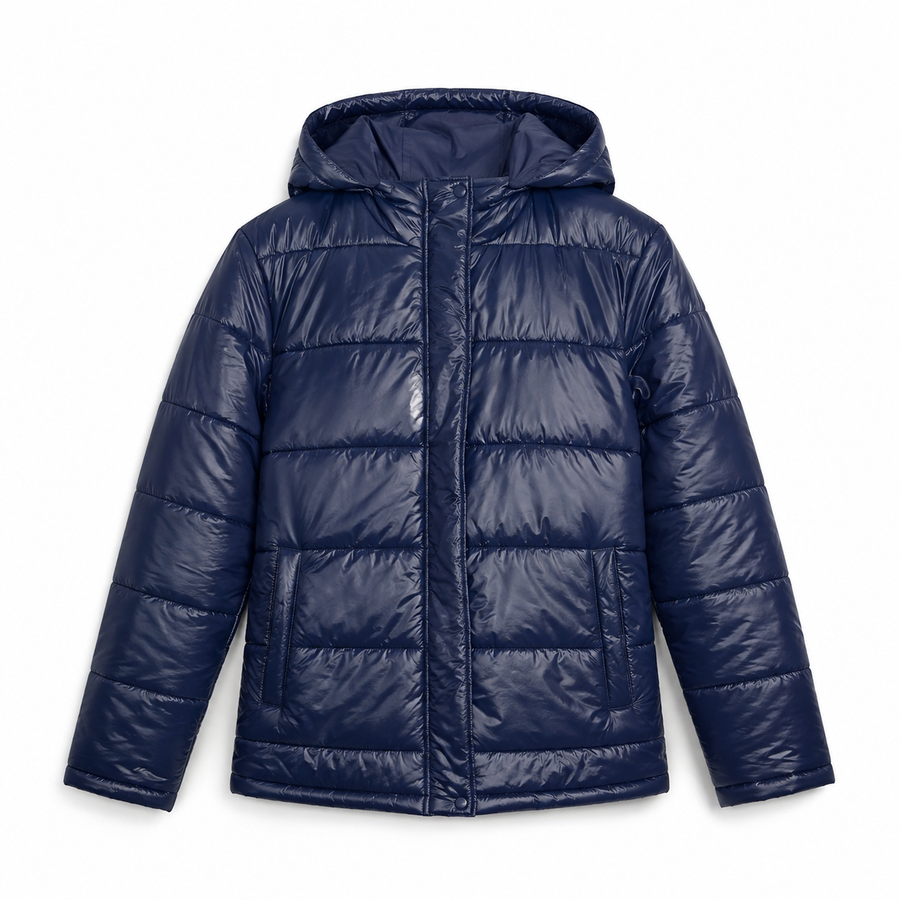 Pufferjas dames met capuchon, korte glanzende jas met opstaande kraag, in donkerblauw of zwart, maat S tot 2XL | Covesville