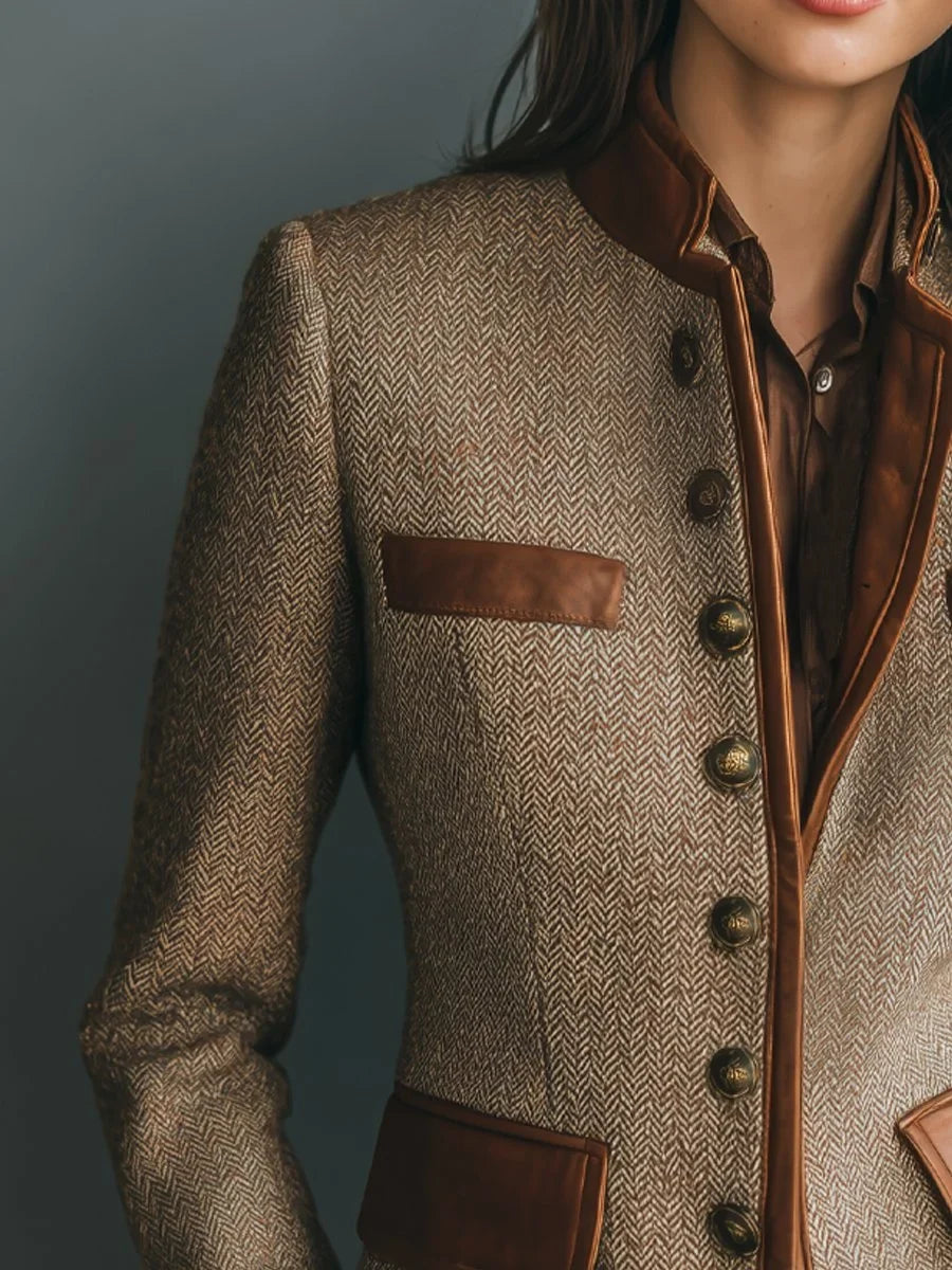Tweed jasje voor dames met visgraat, leerlook afwerking en antiek messing knopen, getailleerd, bruin, XS tot XXL | Covesville