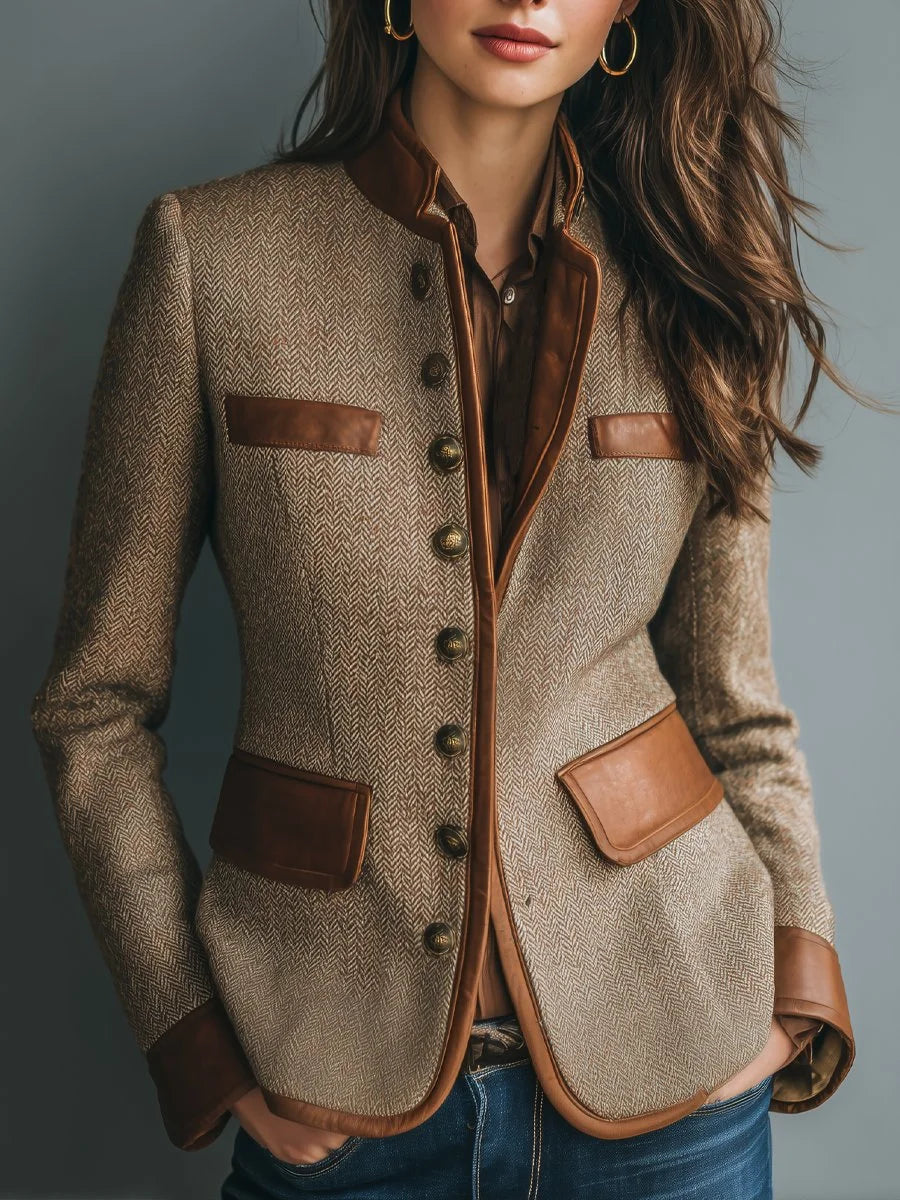 Tweed jasje voor dames met visgraat, leerlook afwerking en antiek messing knopen, getailleerd, bruin, XS tot XXL | Covesville