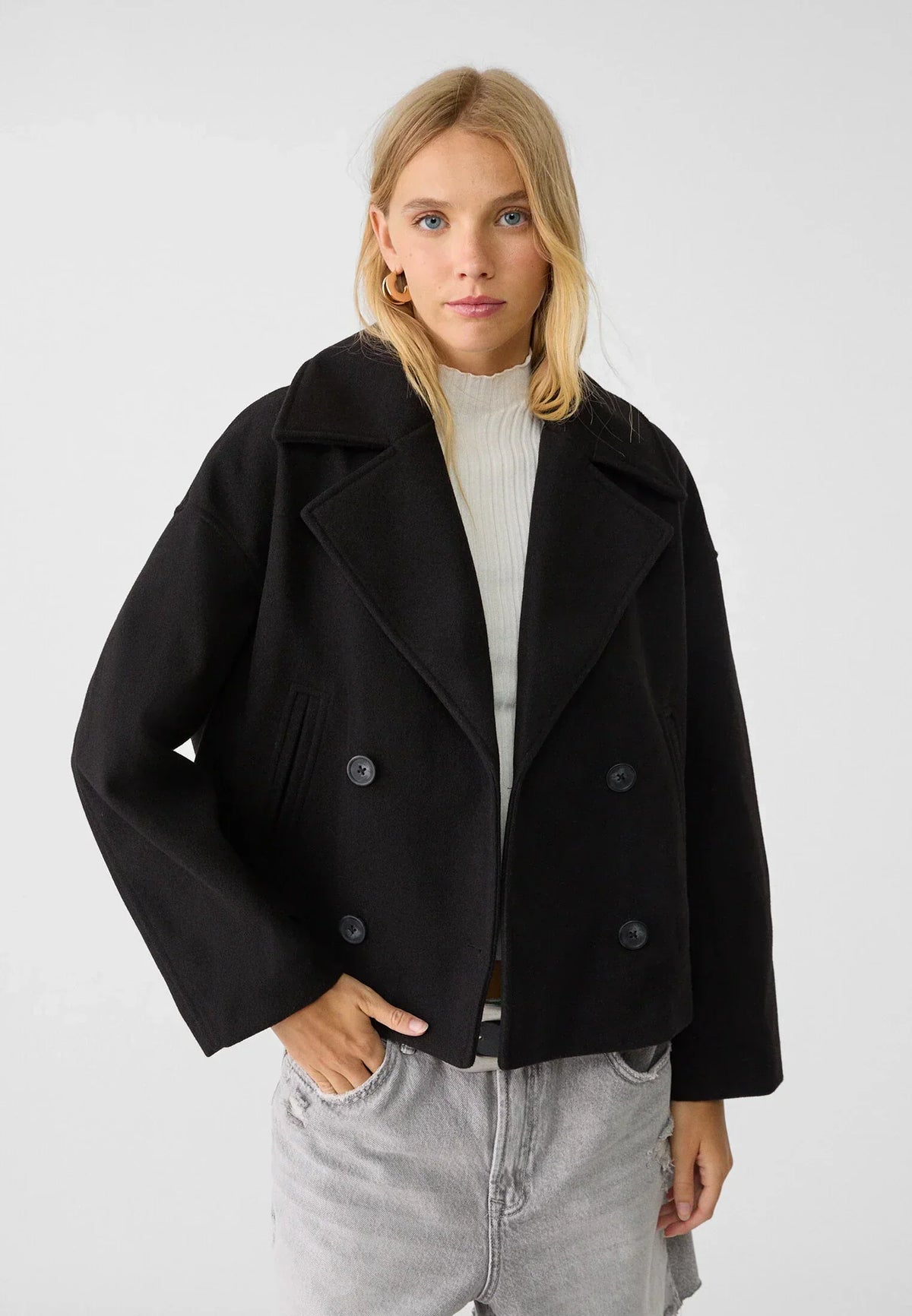 Korte jas dames met dubbele knopenrij en losse oversized pasvorm, licht rekbaar, in zes kleuren, maat XS tot L | Covesville